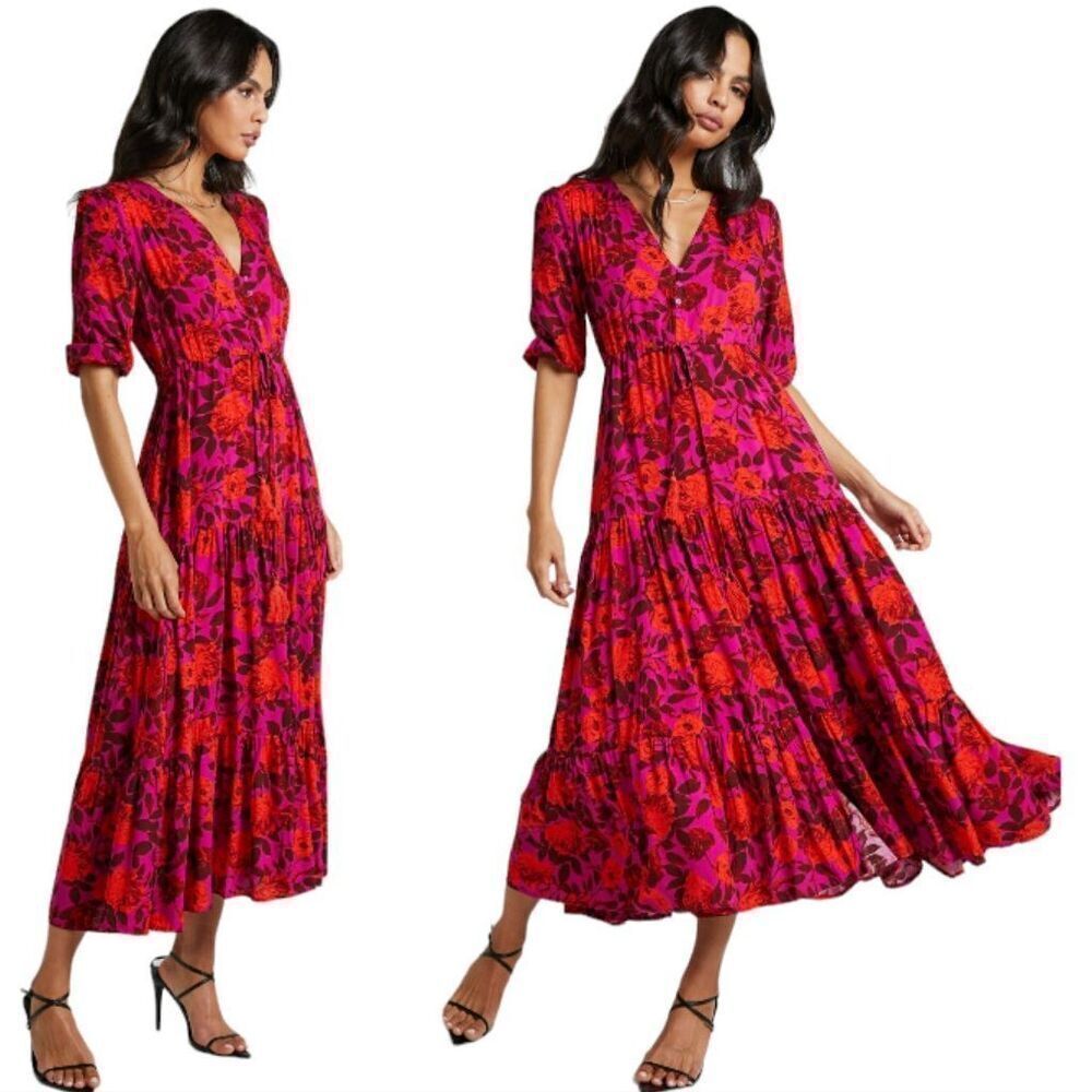 Showpo Purple & Red Floral Rayon Maxi Dress – Puff Sleeves, Tie Waist SZ 8